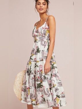 Anthropologie Lazybones Cityscape Dress spaghetti straps V-neckline tiered S